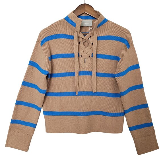 Everlane Lace Up Smock Knit Sweater Size XS Chestnut Brown Blue Striped Wool - Picture 1 of 7